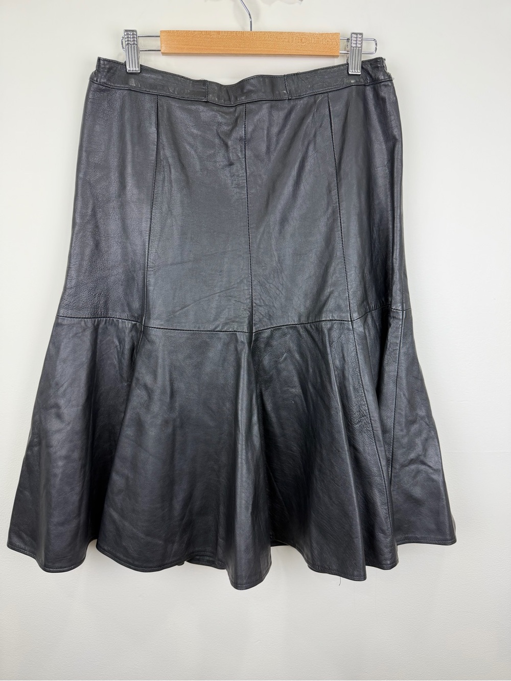 Vintage Black Genuine Leather Flare Midi Skirt Mermaid Trumpet Hem